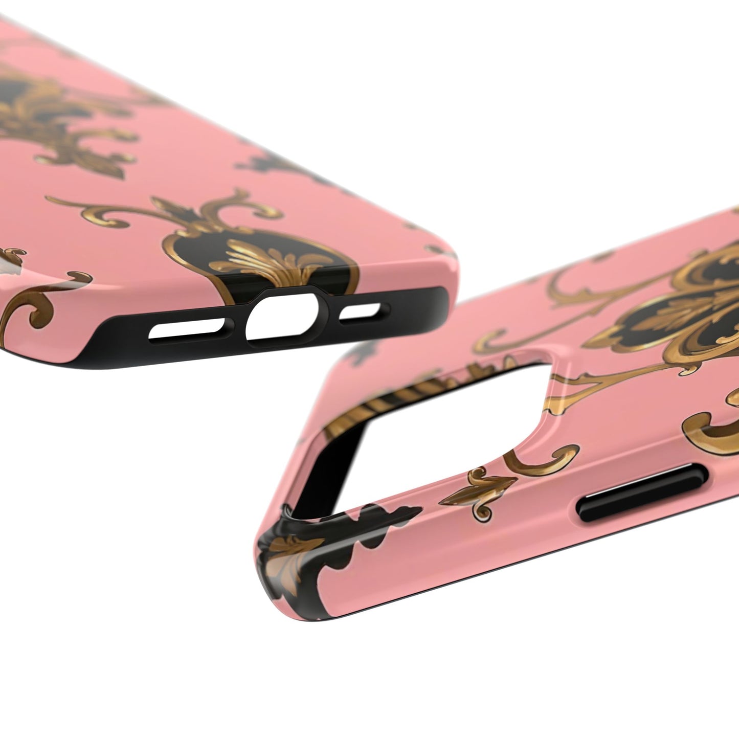 Chic Tough Phone Cases with Floral Design, Elegant Phone Cover, Durable Smartphone Case, Stylish Tech Accessory - Pink, Black & Gold Rococo
