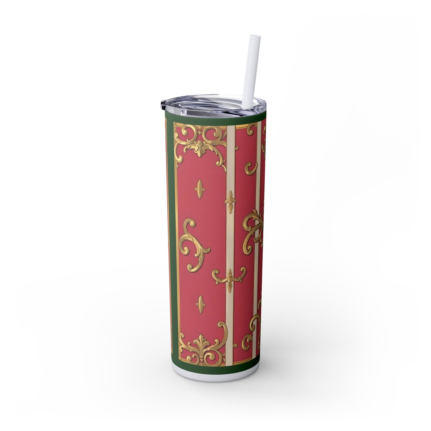 Elegant Green Border Pink Striped Baroque Skinny Tumbler with Straw, Reusable Travel Mug, Gift for Her, Fashionable Drinkware