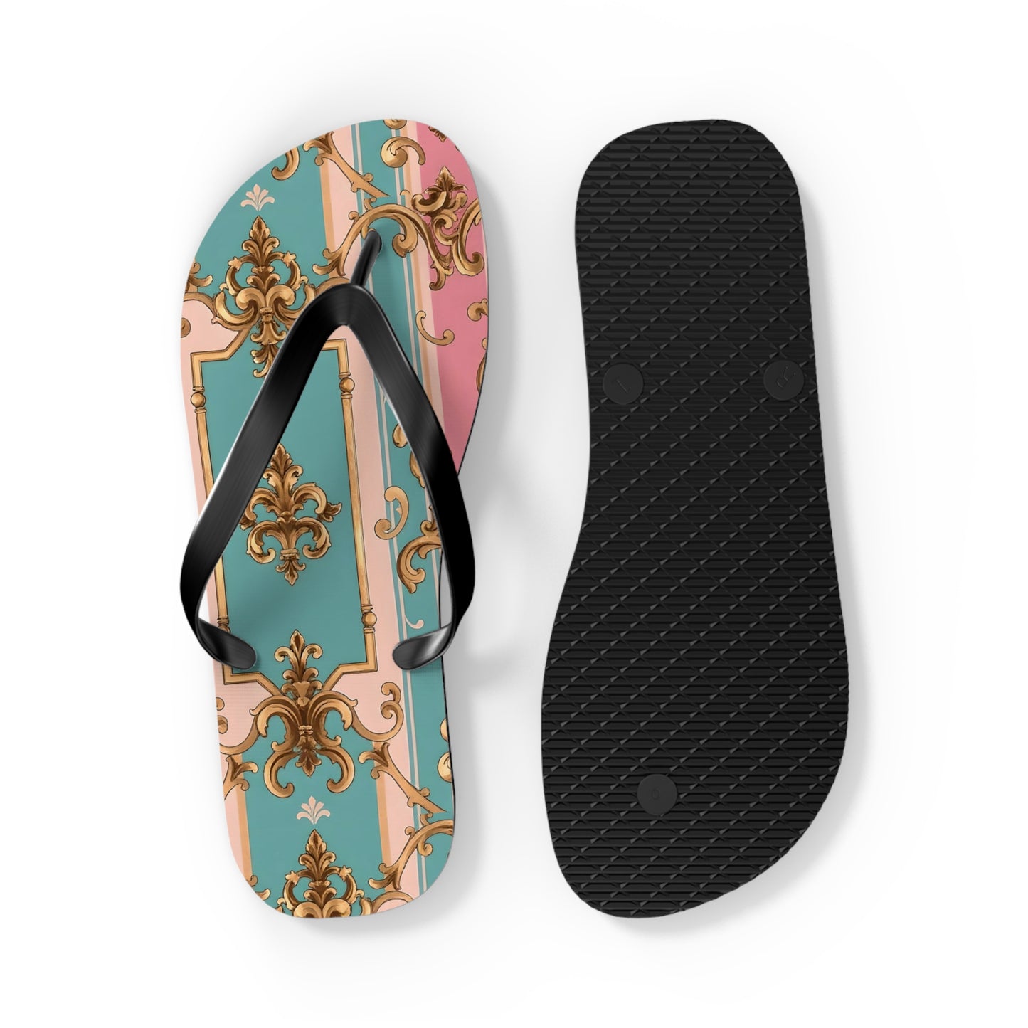 Stylish Flip Flops: Vintage Elegance for Summer Fun, Beachwear, Poolside, Vacation Essentials, Gift for Her - Pink & Matte Turquoise Striped Rococo