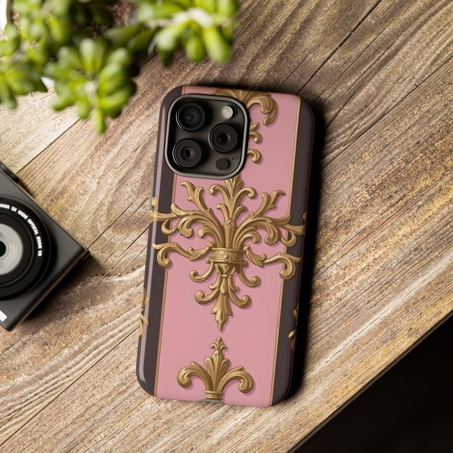 Elegant Floral Motif Phone Case - Tough Cases with Vintage Design - Pink & Brown Striped Gold Damask