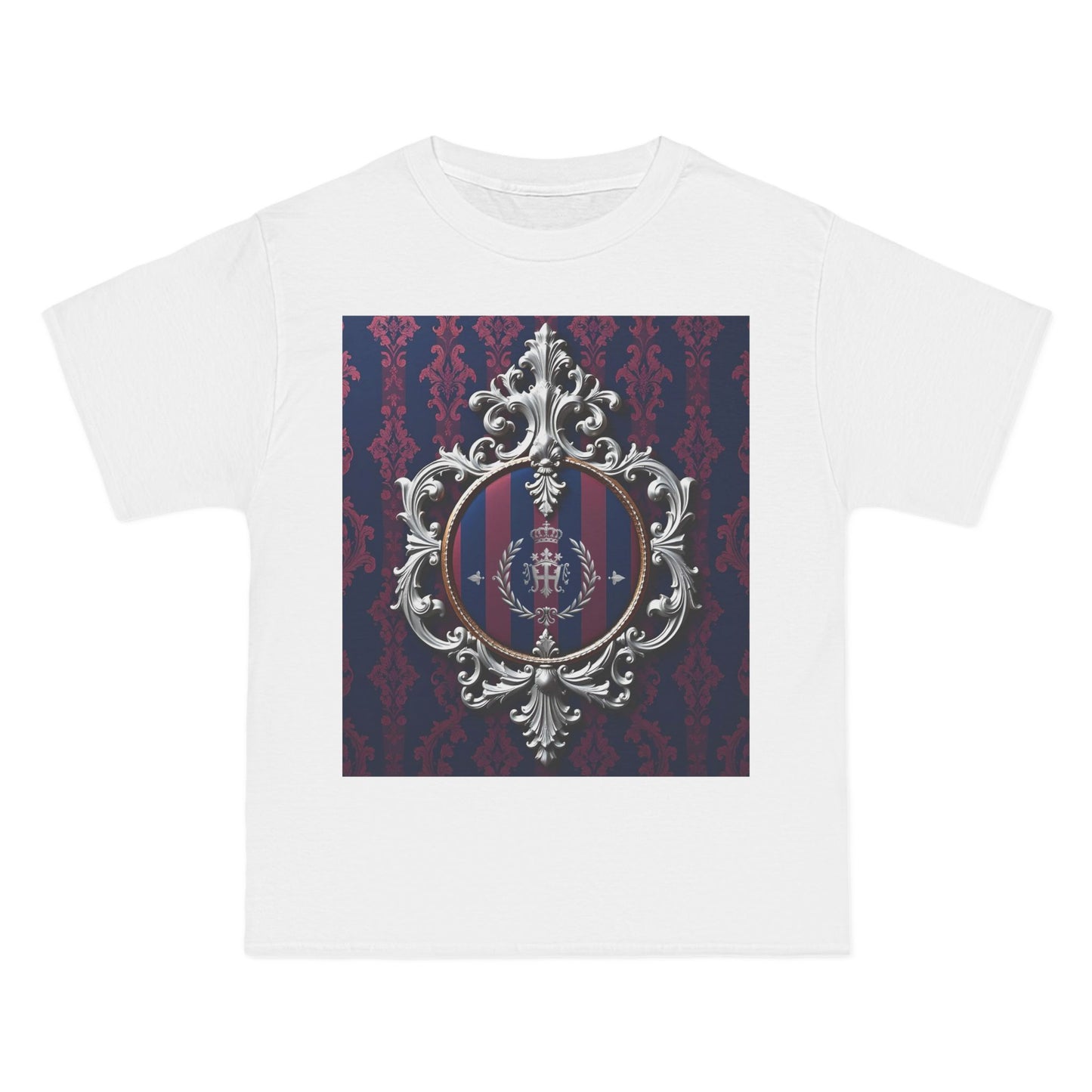 Elegant Unisex Graphic T-Shirt - Vintage Inspired, Casual Wear, Unique Gift, Art Tee, Fashion Statement - Blue & Plum Striped Silver Crest
