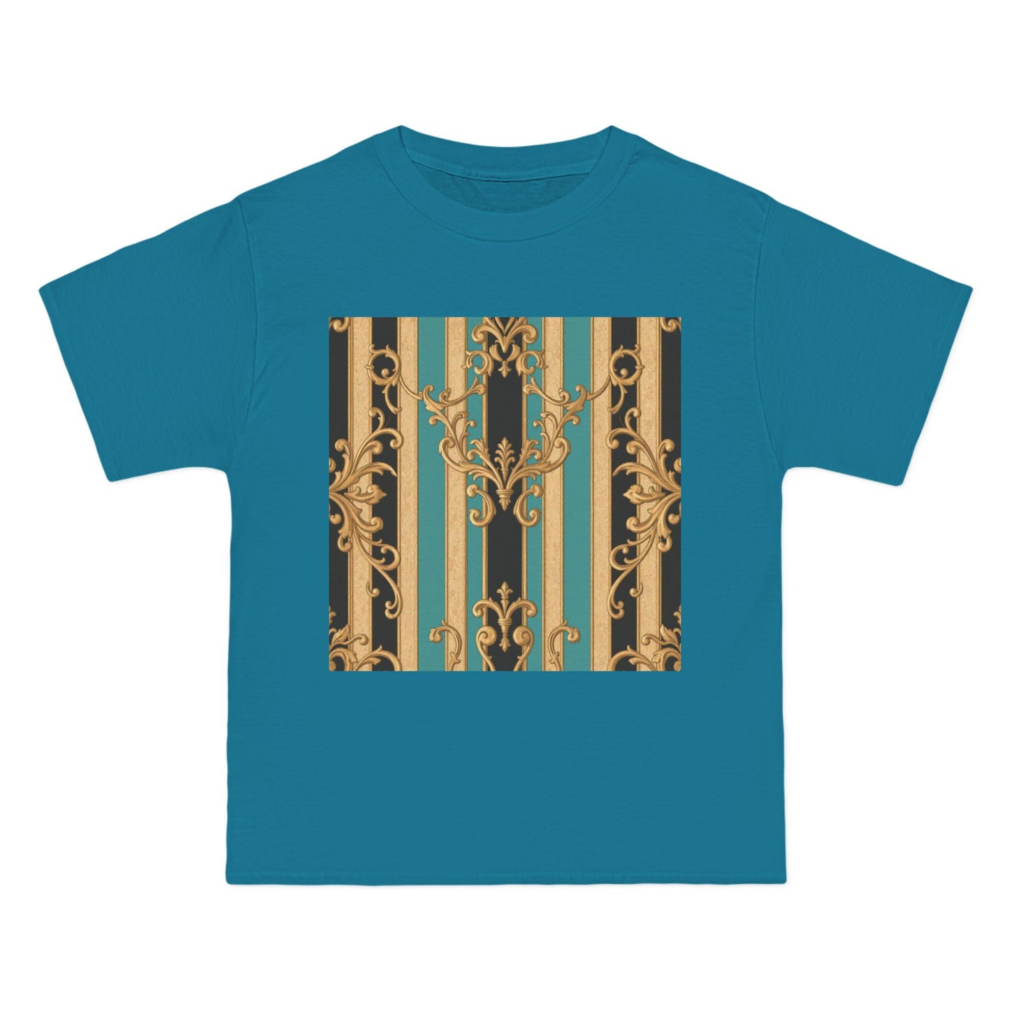Chic Black, Tan & Ocean Green Striped Gold Baroque Vintage Pattern T-Shirt - Art Shirt, Stylish Casual Wear, Gifts & Everyday Fashion