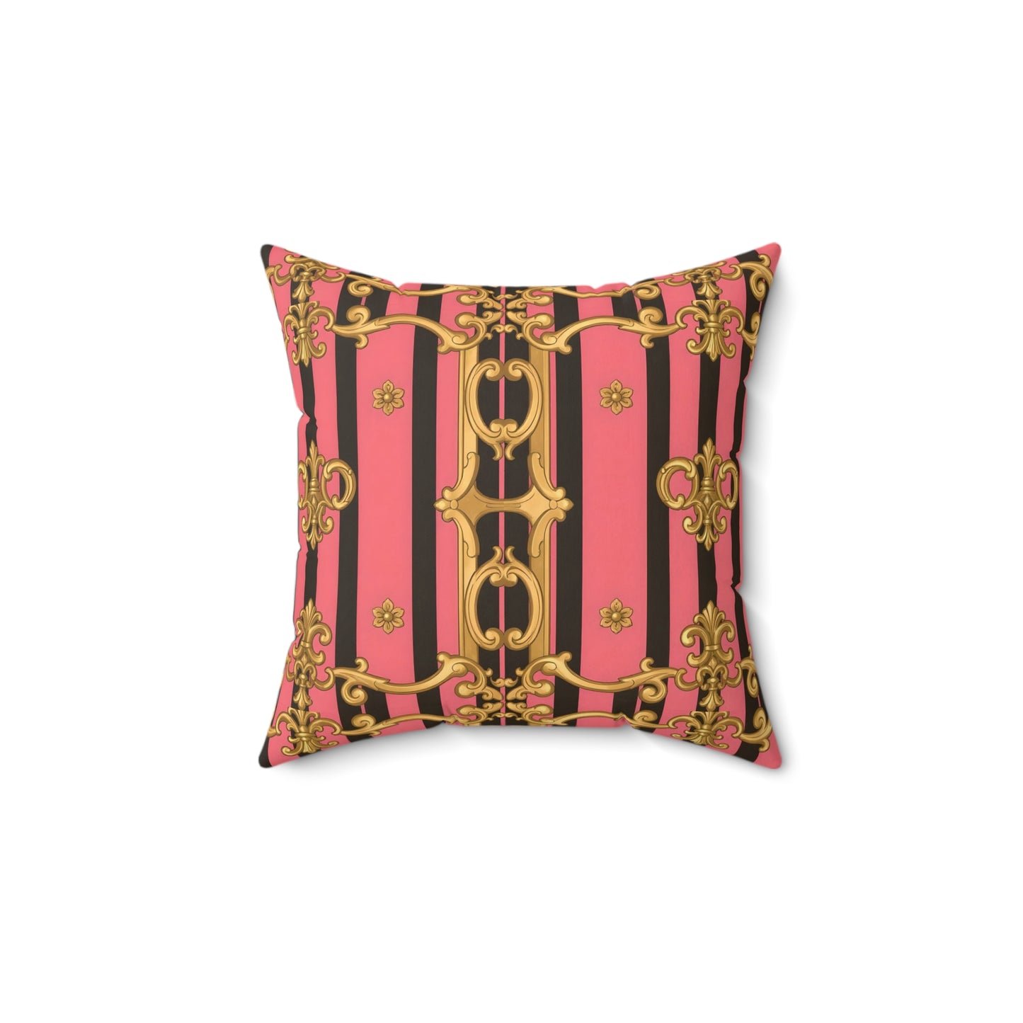 Ornate Faux Suede Pillow, Baroque Decor, Couch Cushion, Glamorous Throw Pillow - Pink & Black Striped Gold Baroque