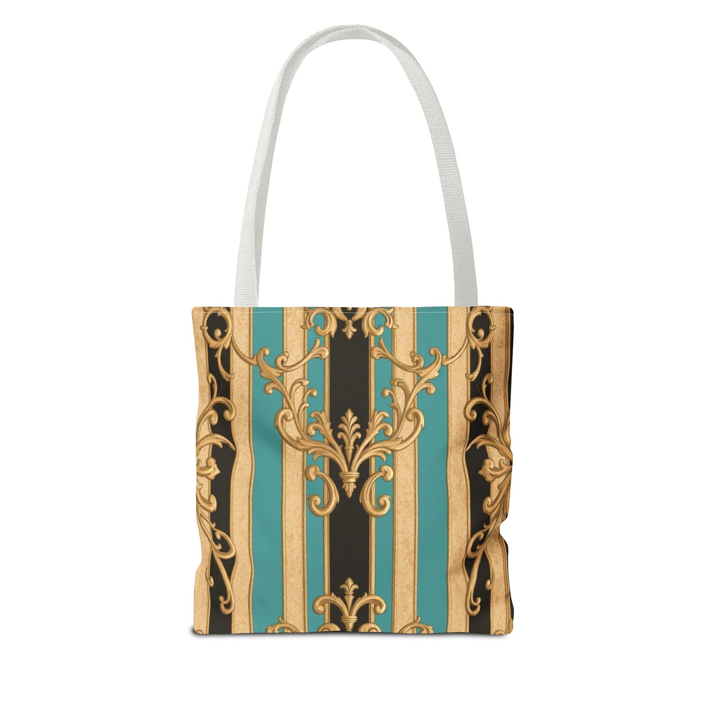 Elegant Black, Tan & Ocean Green Striped Gold Baroque Vintage Pattern Tote Bag, Stylish Carryall, Fashionable Handbag, Perfect Gift for Mother’s Day