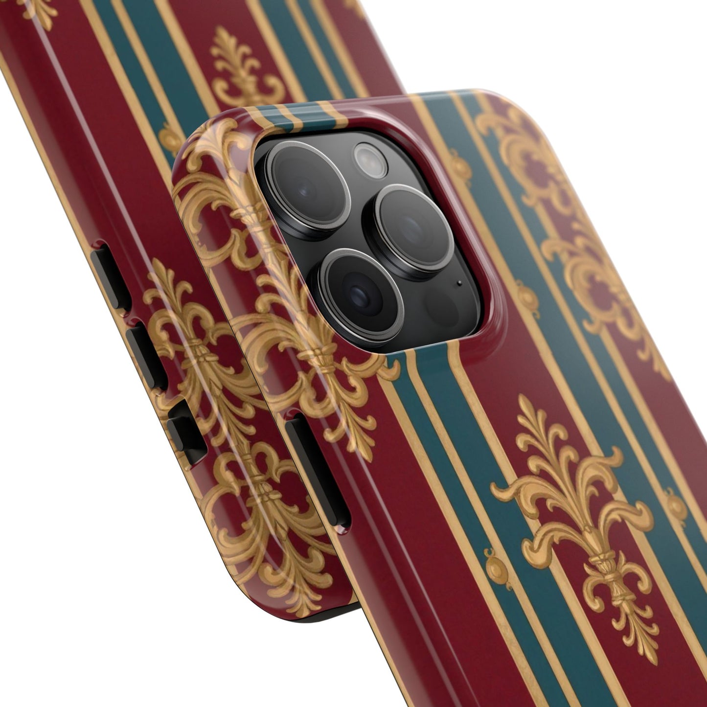 Elegant Vintage Tough Phone Case, Luxury Phone Protection, Stylish Phone Cover, Durable Phone Accessory - Burgundy Striped Gold Baroque