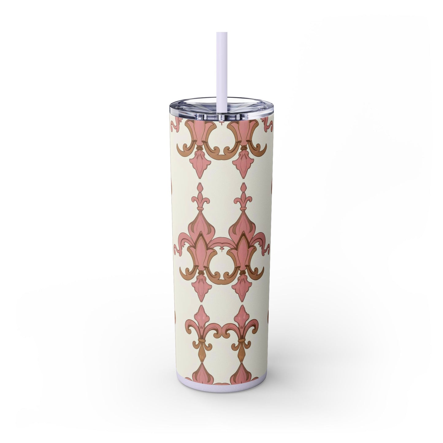 Elegant Floral Skinny Tumbler, 20oz Drinkware, Stylish Travel Mug, Wedding Gift, Personalized Gift, Eco-Friendly Cup - Brown Striped Pink Arabesque