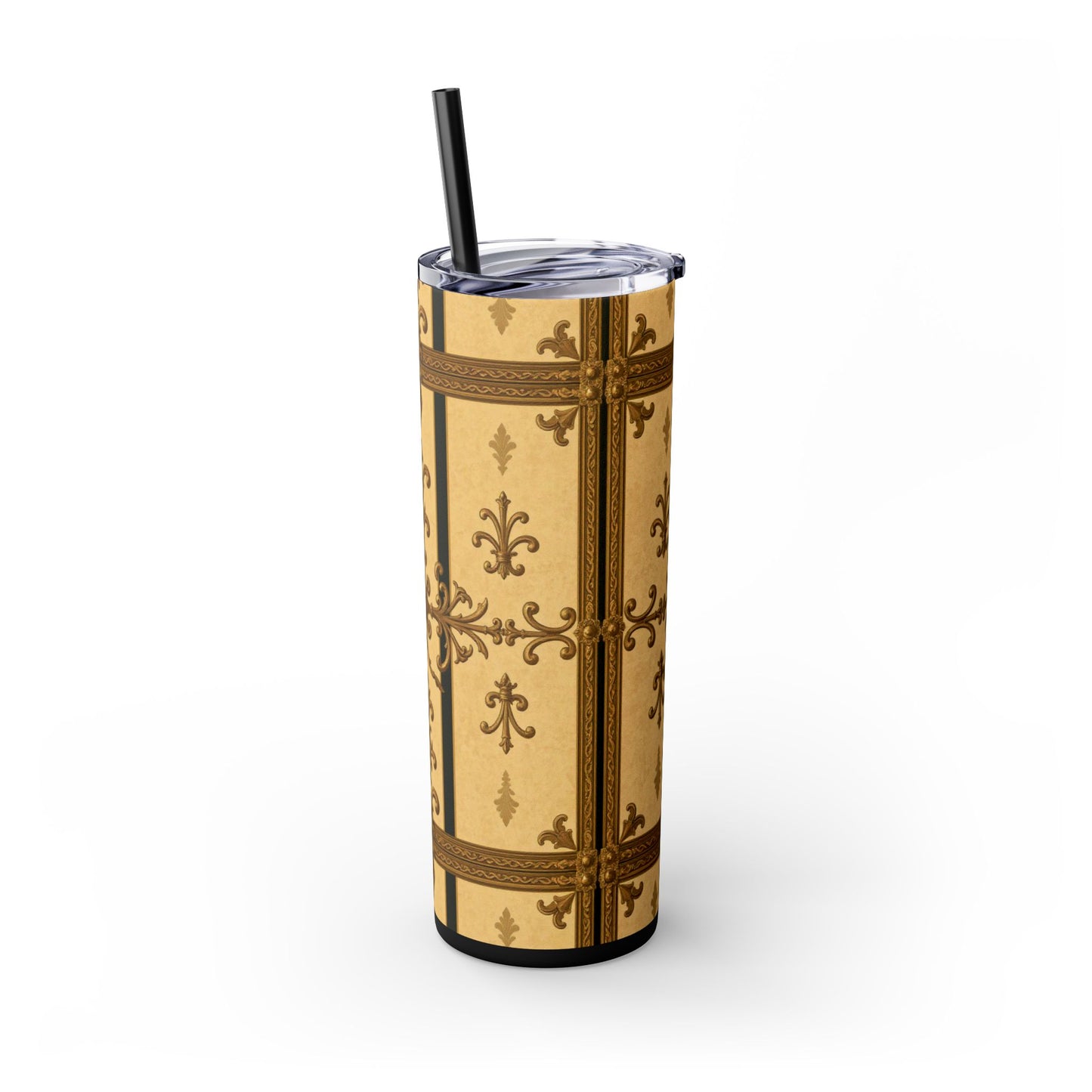 Elegant Vintage Skinny Tumbler, 20oz Insulated Drink Cup, Perfect for Home, Office, Gifts, Holidays, Travel - Matte Yellow Striped Antique Rococo