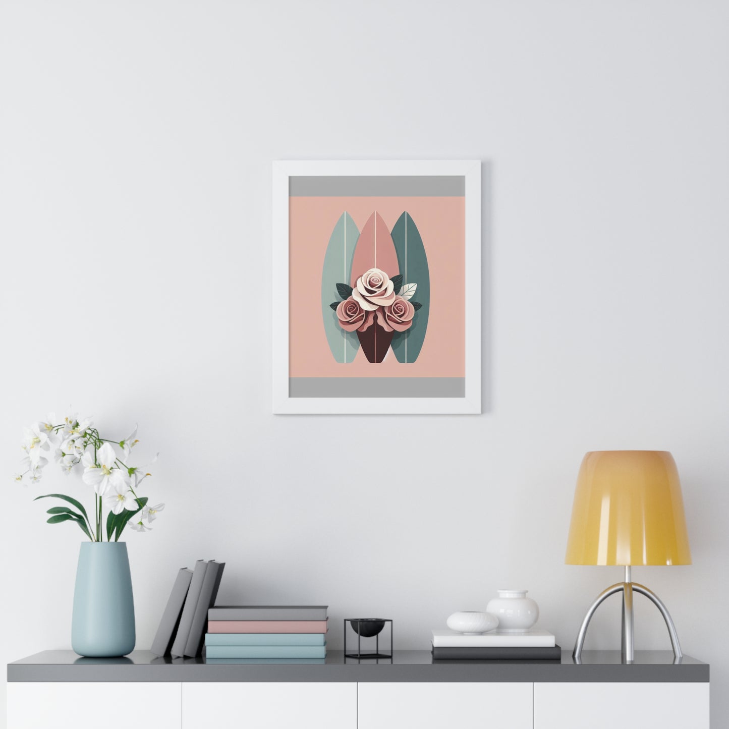 Vertical Poster - Burgundy, Matte Mauve & Teal Surfboard & Roses Wall Art