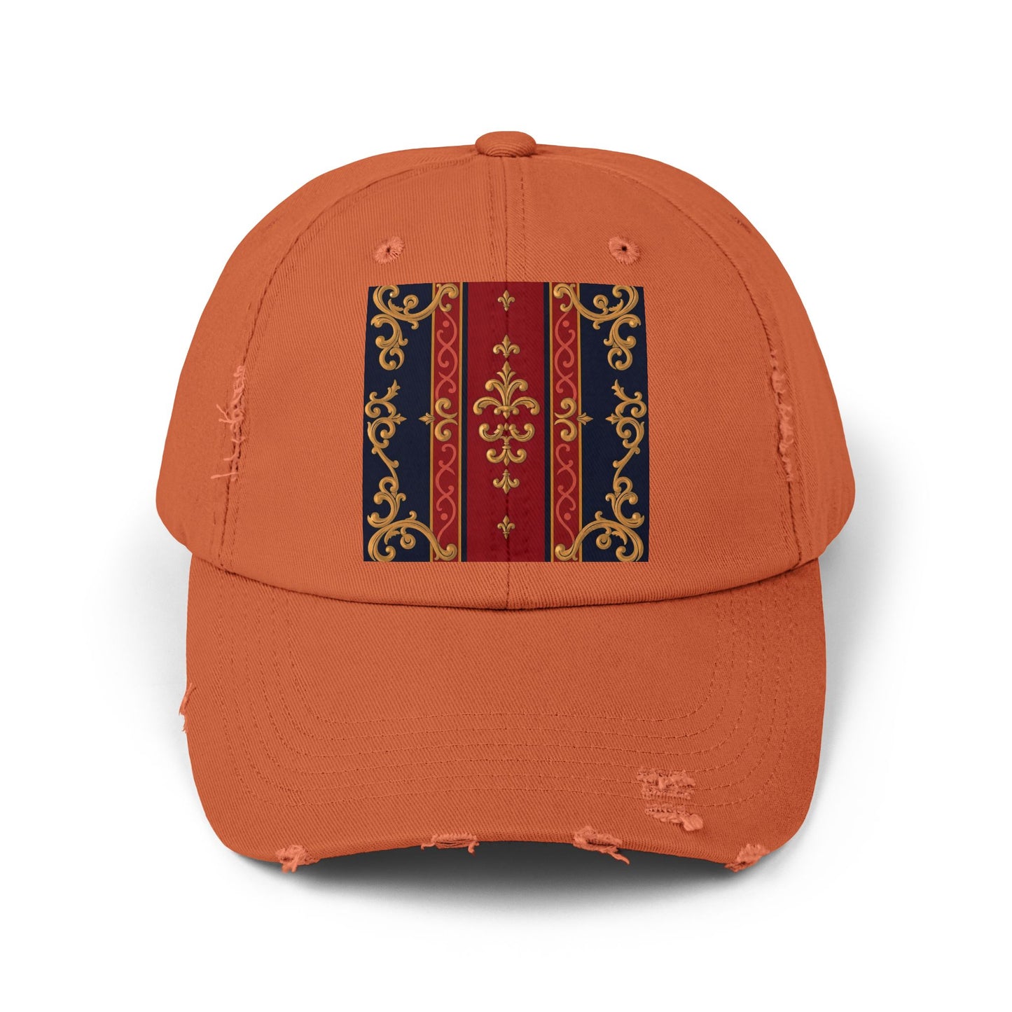 Vintage-Inspired Distressed Cap, Stylish Hat, Perfect Gift for Friends, Fashion Accessory, Unisex Headwear - Midnight Blue & Dusk Red Gold Baroque
