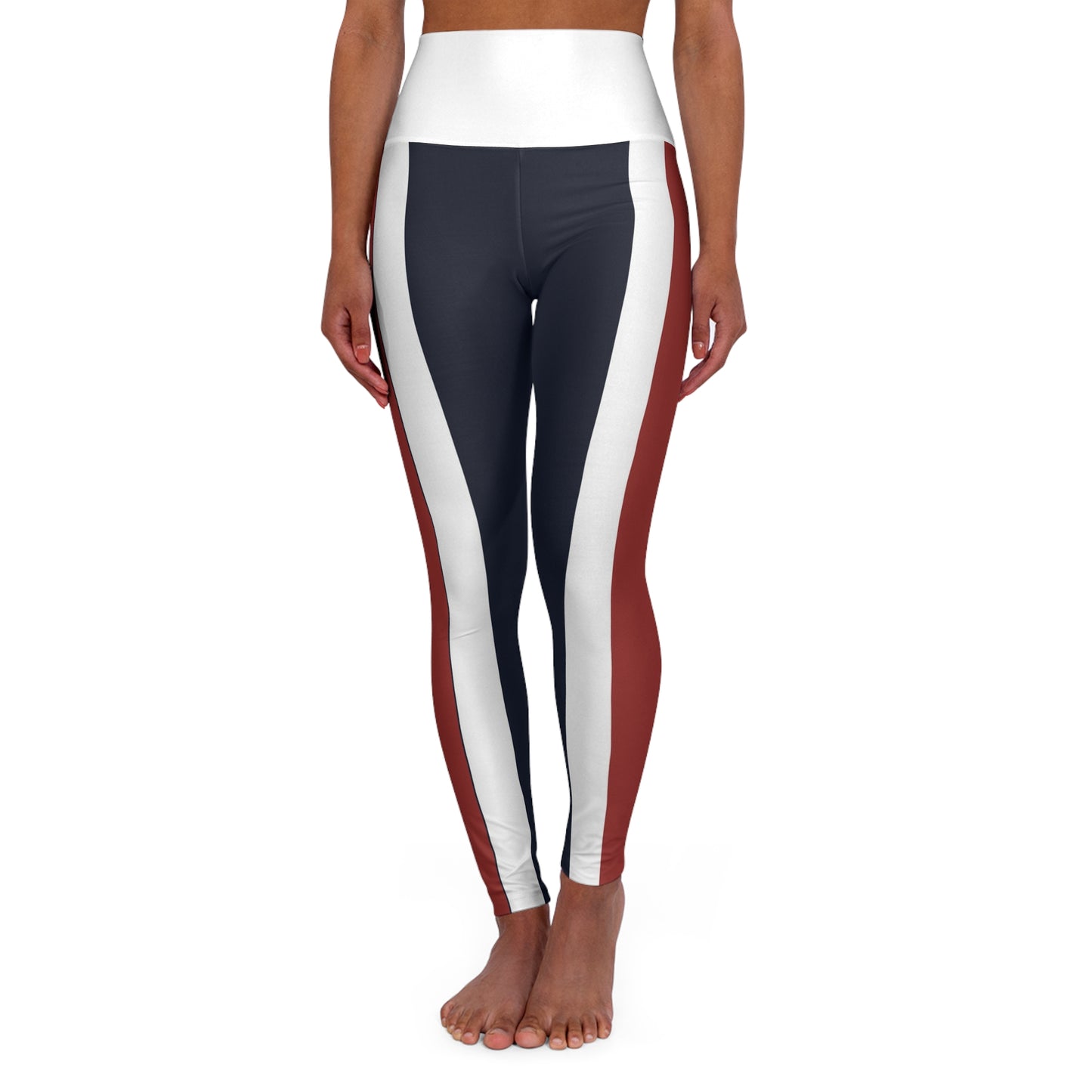 Lunar Midnight & Red-White Striped Stylish High Waisted Yoga Leggings, Athletic Leggings, Fitness Wear, Workout Pants, Activewear, Trendy Yoga Tights