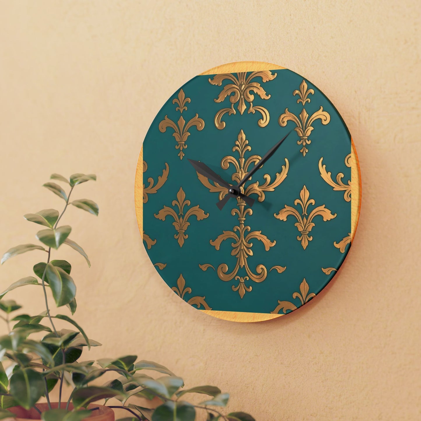 Bohemian Damask-Inspired Acrylic Wall Clock with Floral Design -  Aqua & Gold Design