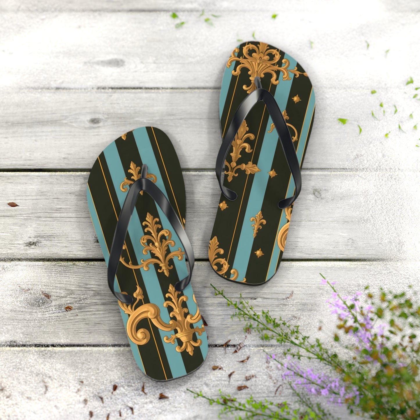 Elegant Striped Flip Flops, Stylish Beach Sandals, Summer Footwear, Vacation Essentials - Black & Turquoise Striped Baroque