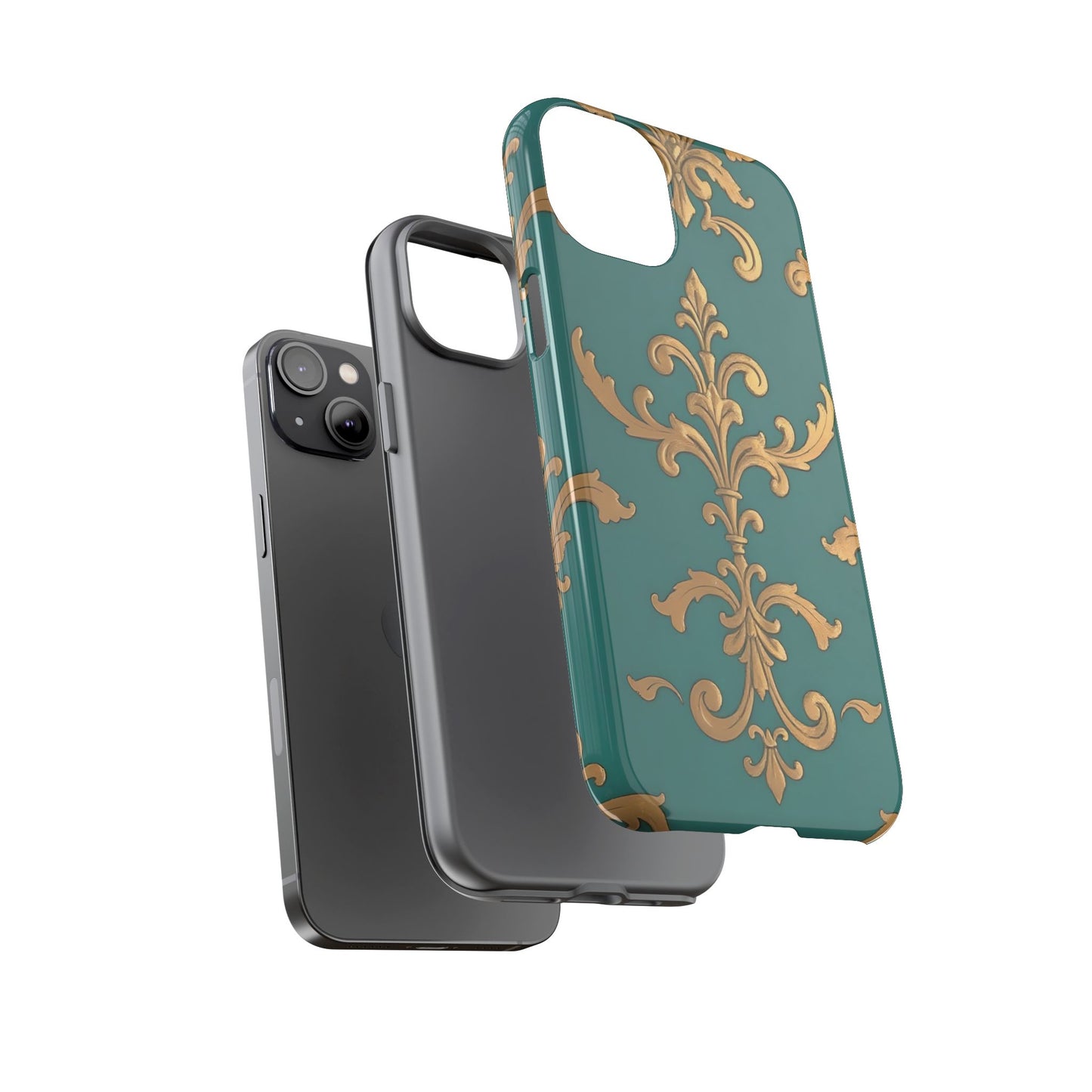 Elegant Floral Motif Phone Case - Tough Cases with Vintage Design - Aqua & Gold Damask