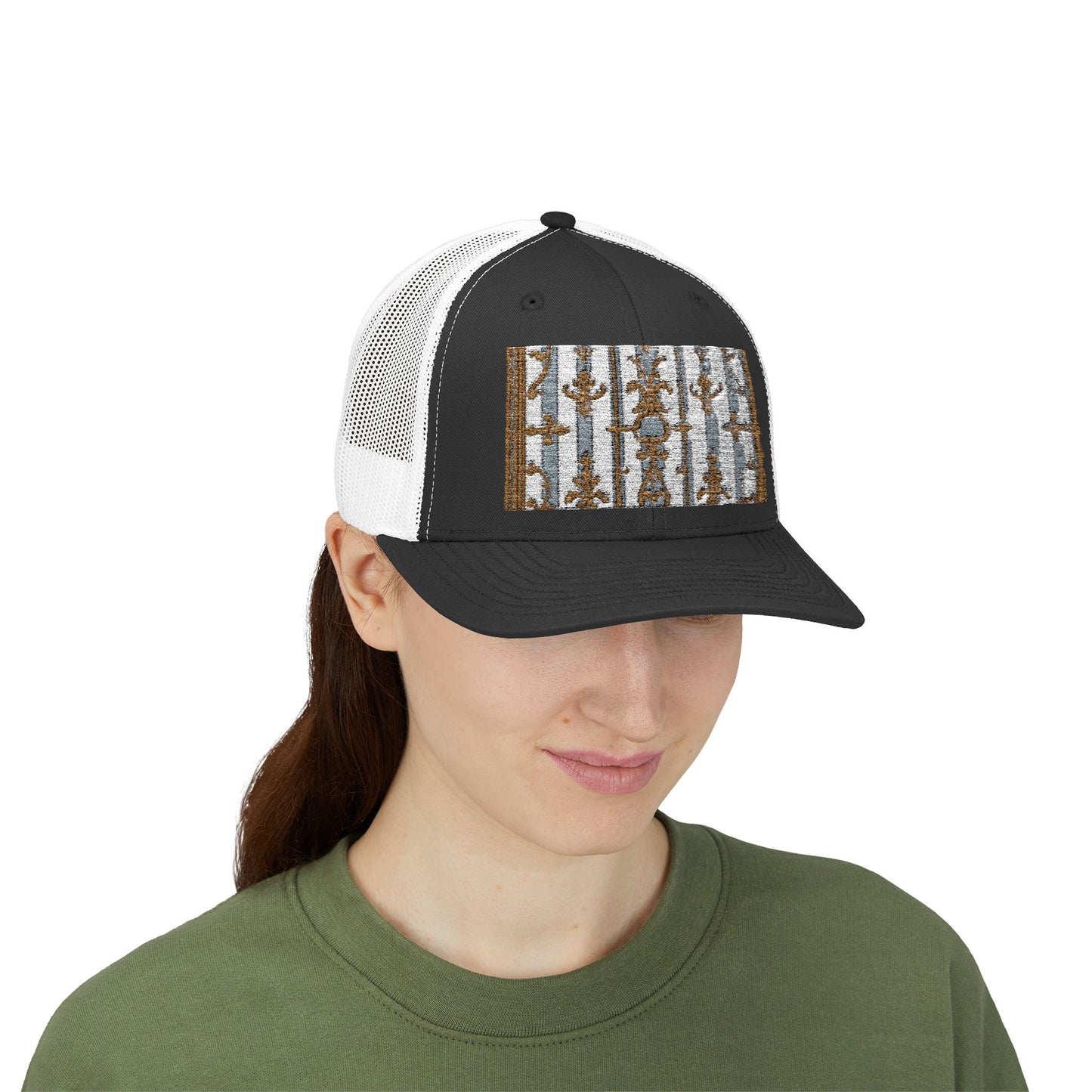Stylish Snapback Trucker Cap with Nature-Inspired Design - Summer Festivals - Matte Gray & Cream Striped Gold Baroque