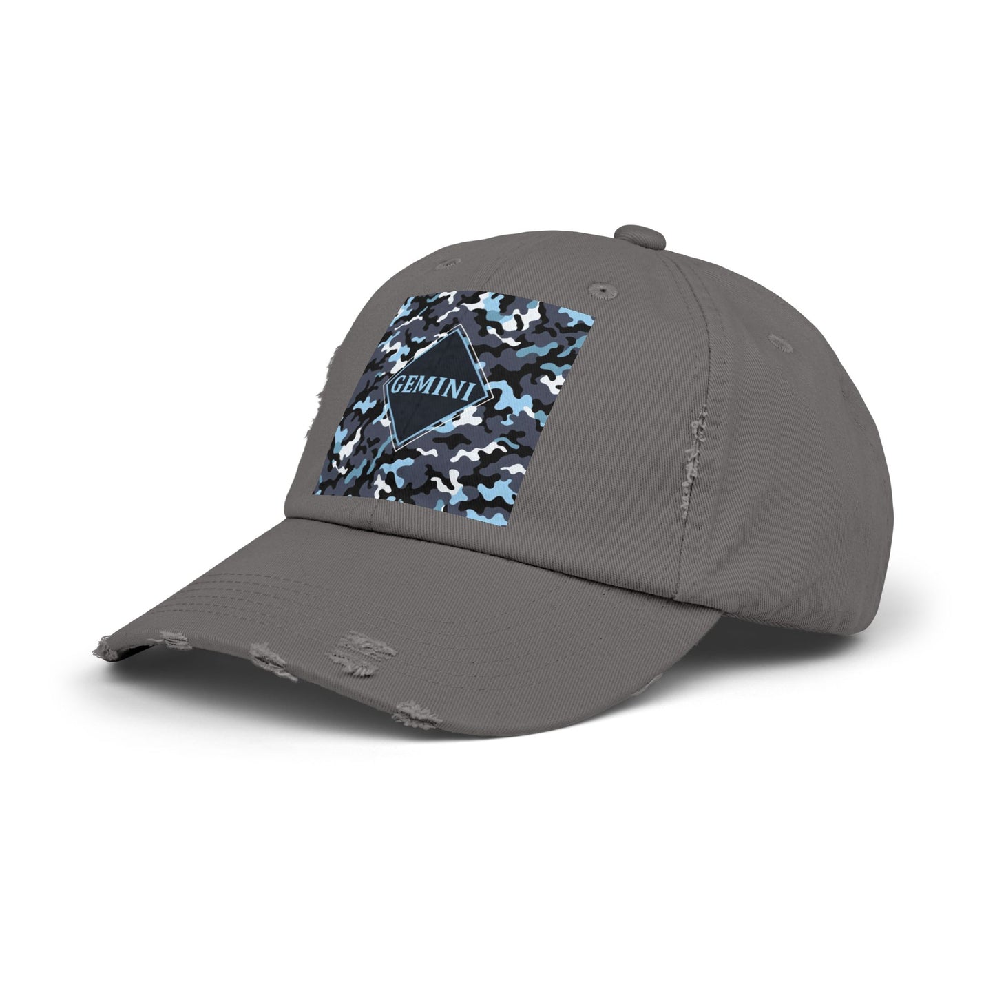 Gemini Distressed Cap - Unisex Camo Design - Black, Grey & Ice Blue