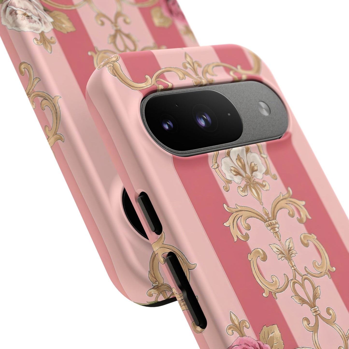 Elegant Floral Motif Phone Case - Tough Cases with Vintage Design - Pink Striped Roses & Damask