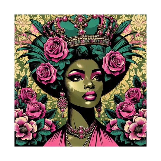 Floral Afro Art Poster - Elegant Matte Vertical Wall Decor - Olive Green Lady & Damask