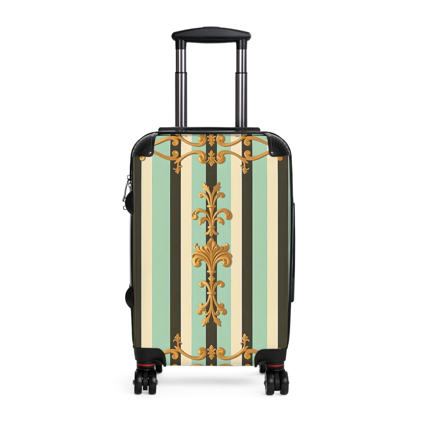 Elegant Striped Suitcase, Stylish Travel Luggage, Unique Carry-On, Trendy Vacation Bag - Black & Matte Mint Striped Rococo