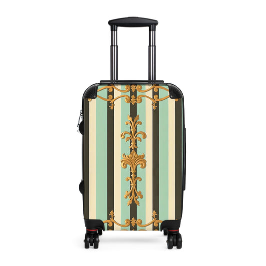 Elegant Striped Suitcase, Stylish Travel Luggage, Unique Carry-On, Trendy Vacation Bag - Black & Matte Mint Striped Rococo