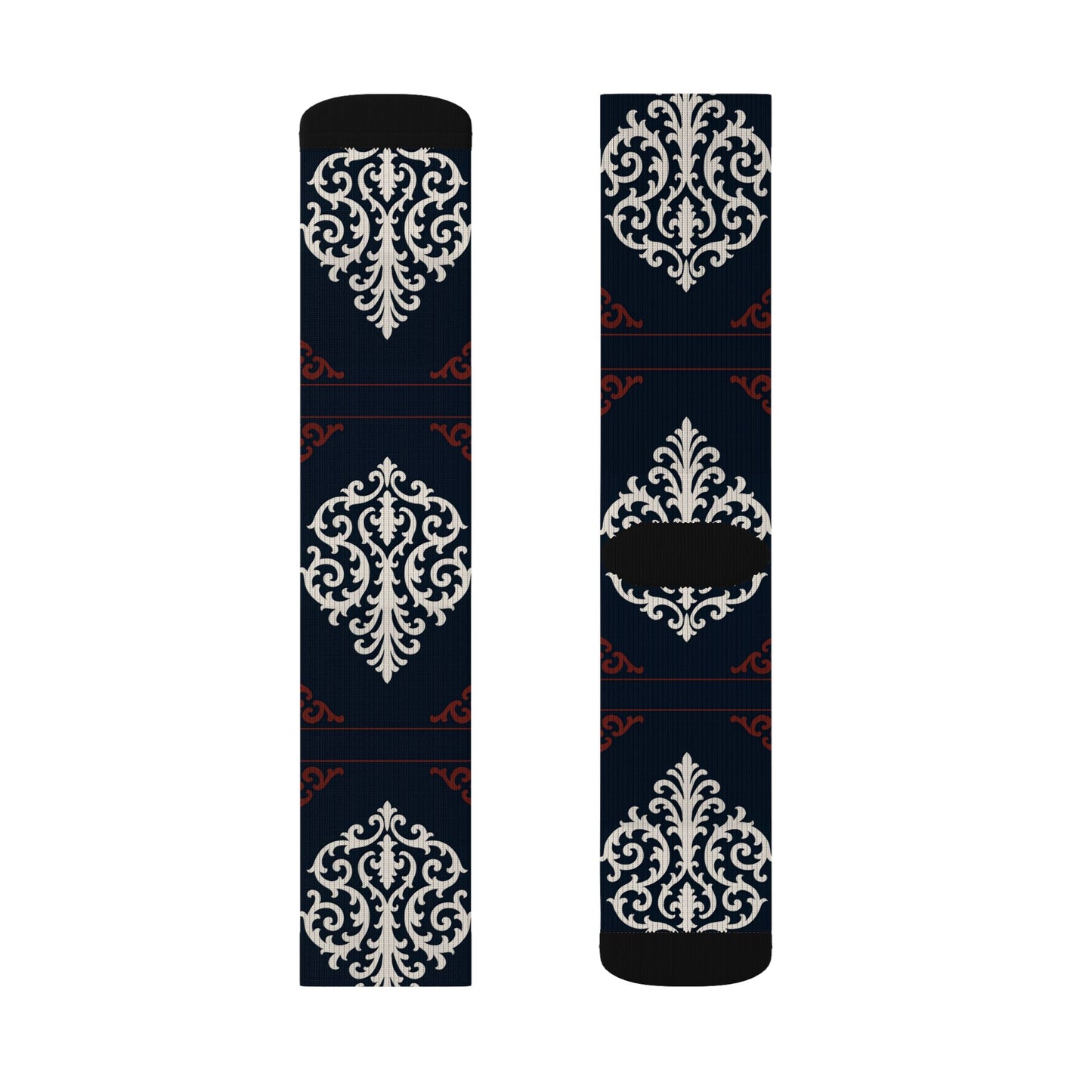 Dusk Blue-Maroon & White Baroque Pattern Sublimation Socks — Dusk Blue & White Ornate Crew Socks