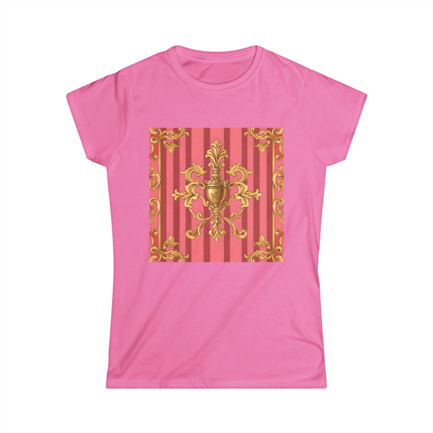Chic Baroque Pattern Women's Softstyle Tee, Casual Summer Fashion, Gift for Her, Elegant Everyday Wear - Pink Striped Gold Baroque