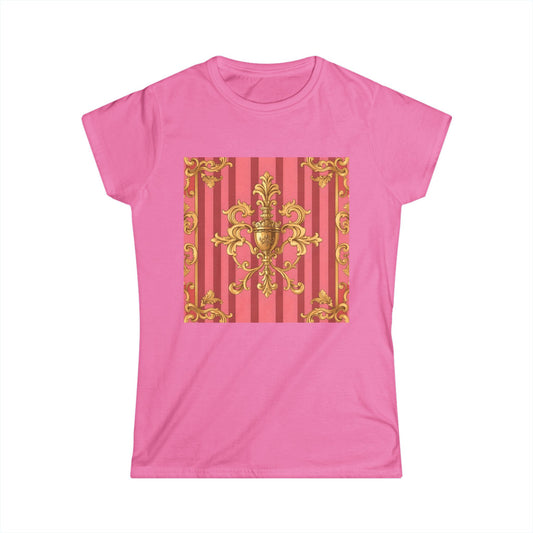 Chic Baroque Pattern Women's Softstyle Tee, Casual Summer Fashion, Gift for Her, Elegant Everyday Wear - Pink Striped Gold Baroque