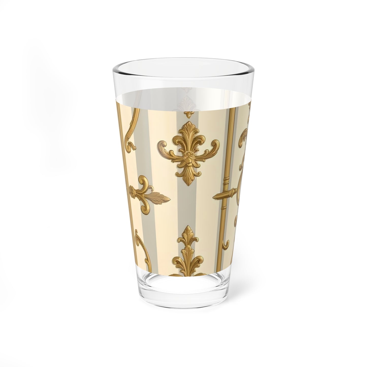 Elegant Mixing Glass, 16oz | Decorative Cocktail Glass, Luxe Home Bar Accessory, Gift for Hostess - Matte Gray & Cream Striped Gold Baroque