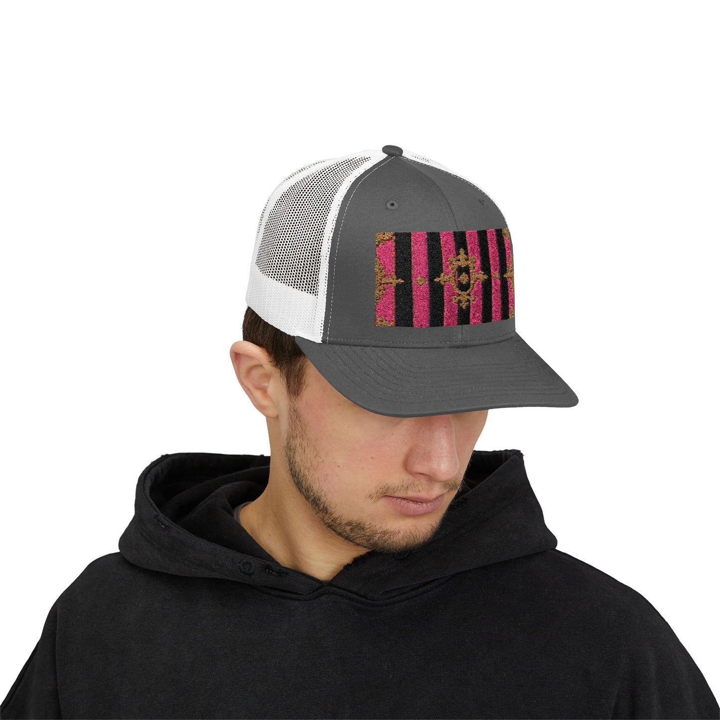 Stylish Snapback Trucker Cap with Black & Mauve Striped Gold Baroque, Trendy Fashion Hat, Perfect Gift for Him/Her