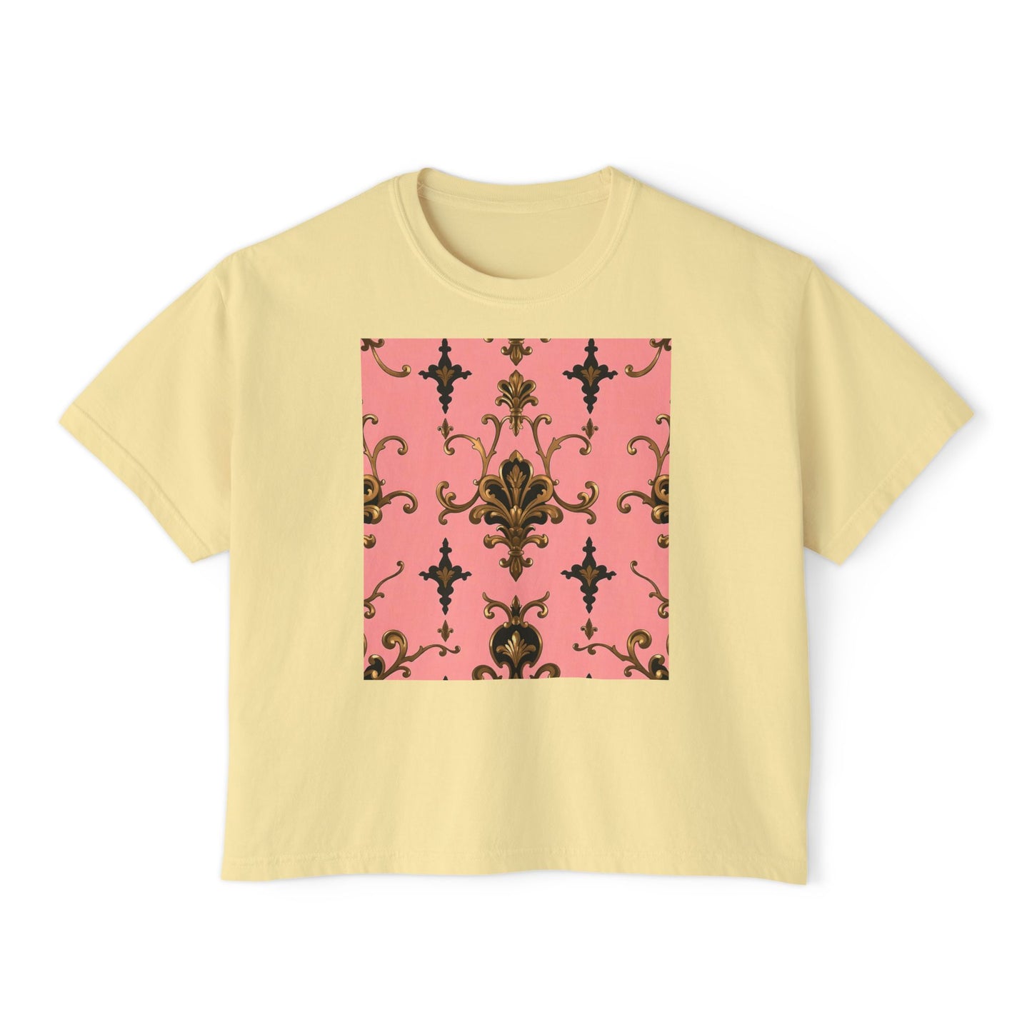 Vintage Floral Women's Boxy Tee, Casual Summer Top, Retro Fashion, Gifts for Her - Pink, Black & Gold Rococo