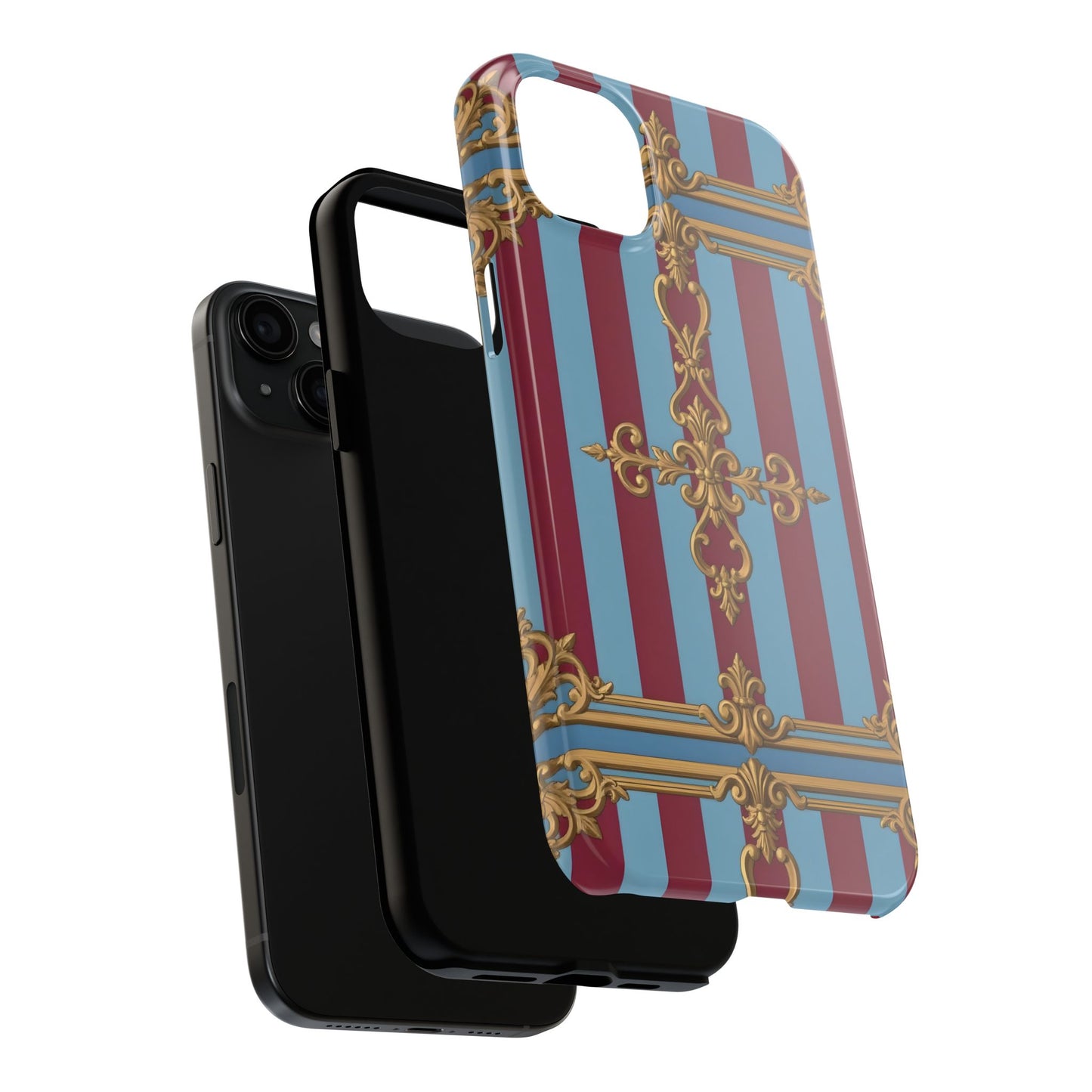 Elegant Patterned Tough Phone Cases, Stylish Phone Cover, Durable Phone Protection, Unique Gift Idea - Sky Blue & Maroon Striped Baroque