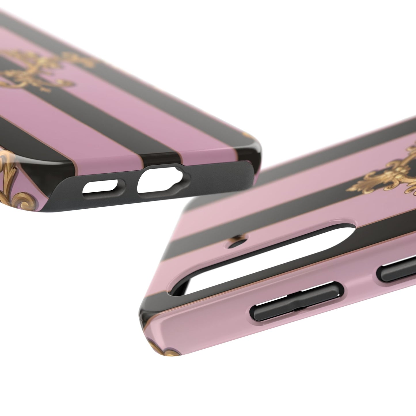 Stylish Tough Phone Case for Elegant Protection, Fashionable Accessories, Smartphone Cover - Matte Lavender & Black Striped Gold Baroque