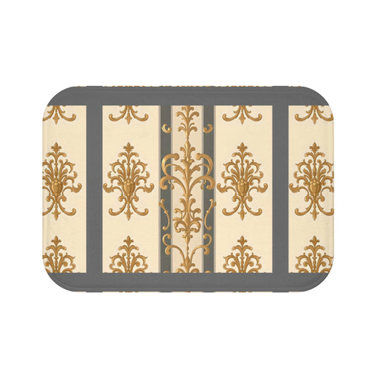 Elegant Vintage Bath Mat with Ornate Design for Luxurious Home Decor - Dusk Olive Striped Gold Damask