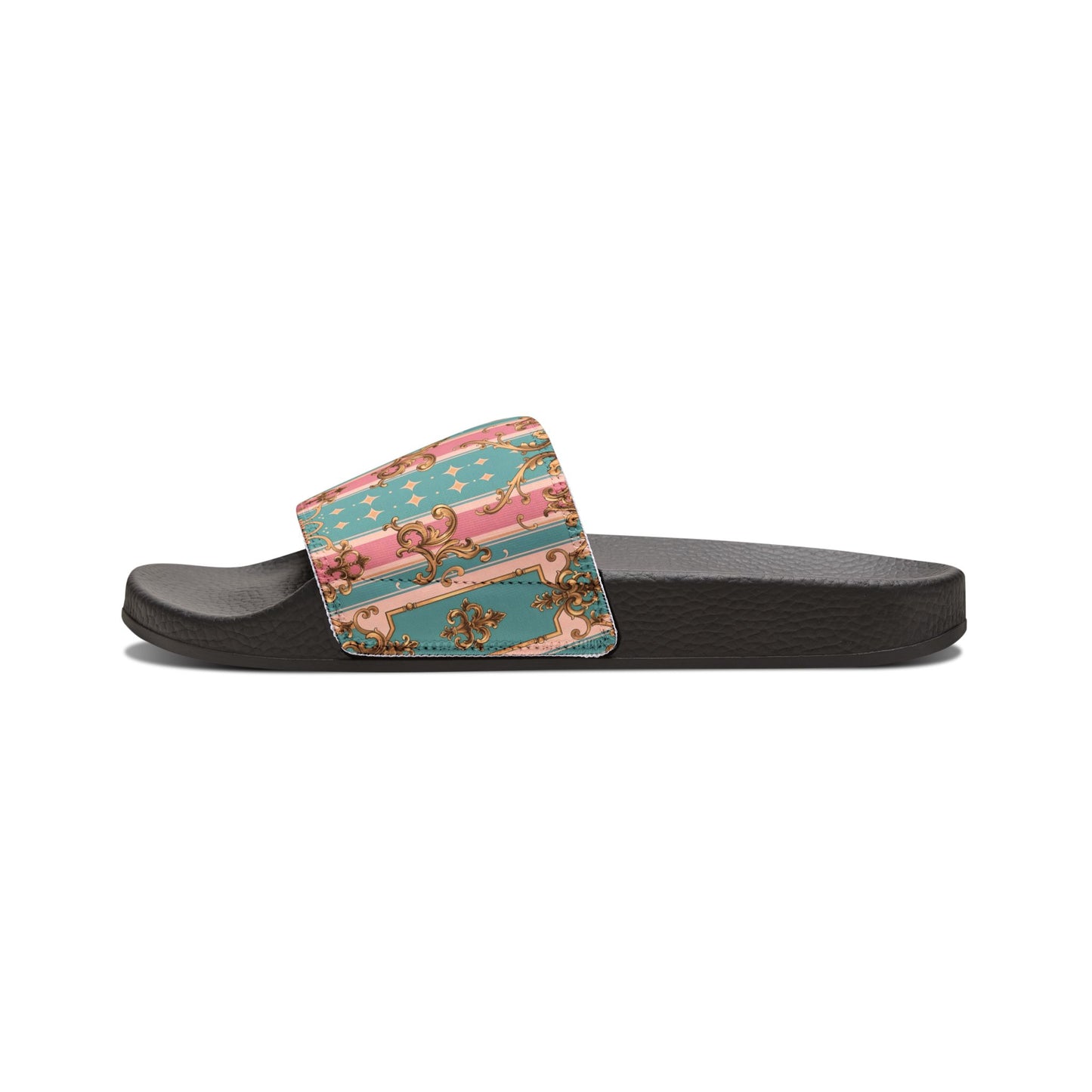 Stylish Women's Removable-Strap Sandals, Trendy Summer Footwear, Comfortable Beach Slides - Pink & Matte Turquoise Striped Rococo