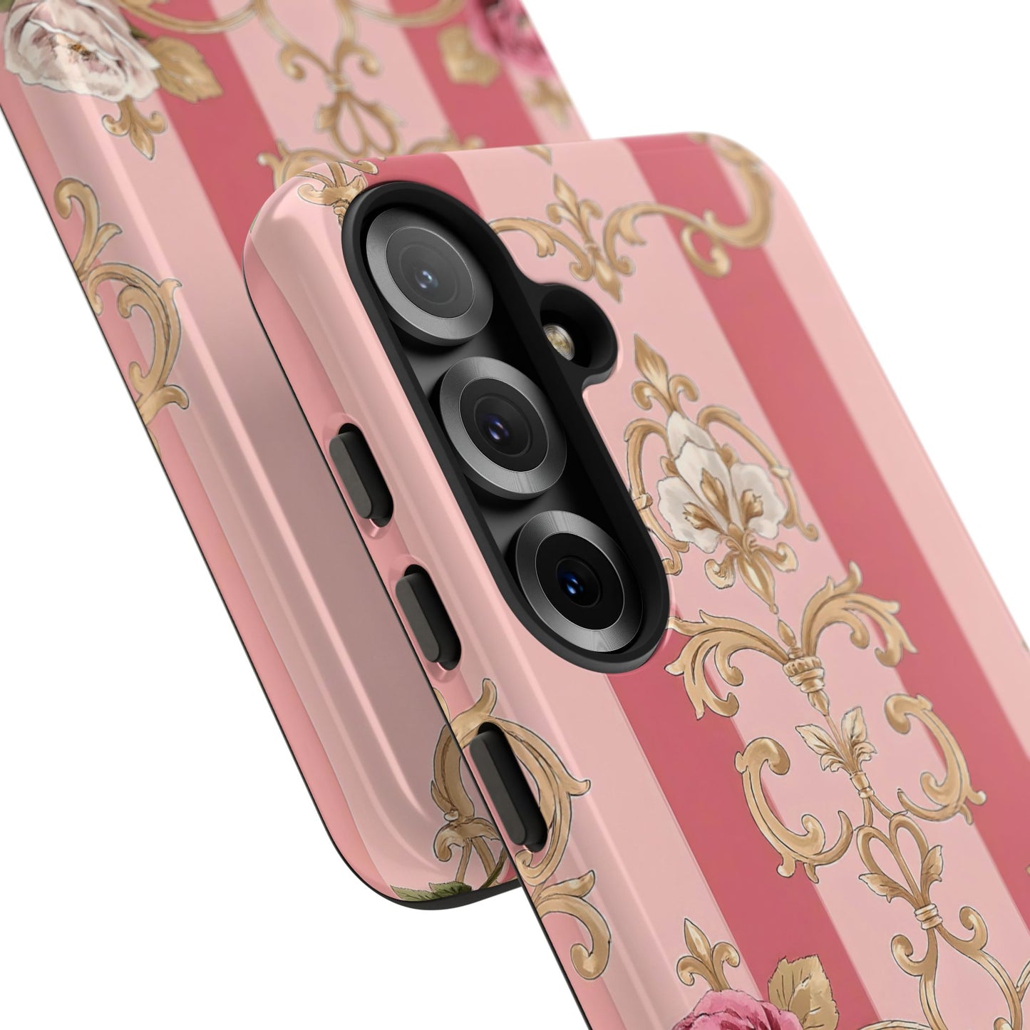 Elegant Floral Motif Phone Case - Tough Cases with Vintage Design - Pink Striped Roses & Damask