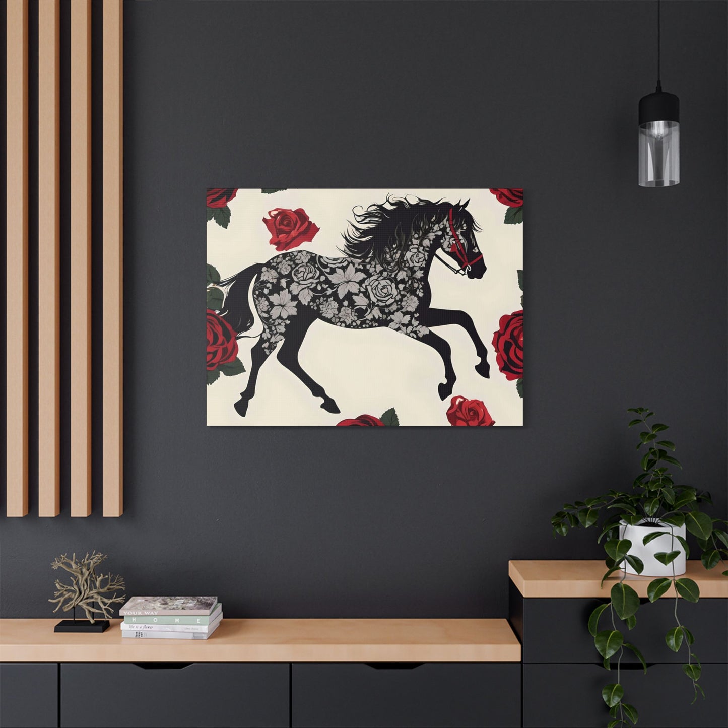 Art Print Canvas, Wall Decor, Satin Stretched Canvas, Equestrian Art, Office Decor, Home Decor - Horse & Roses