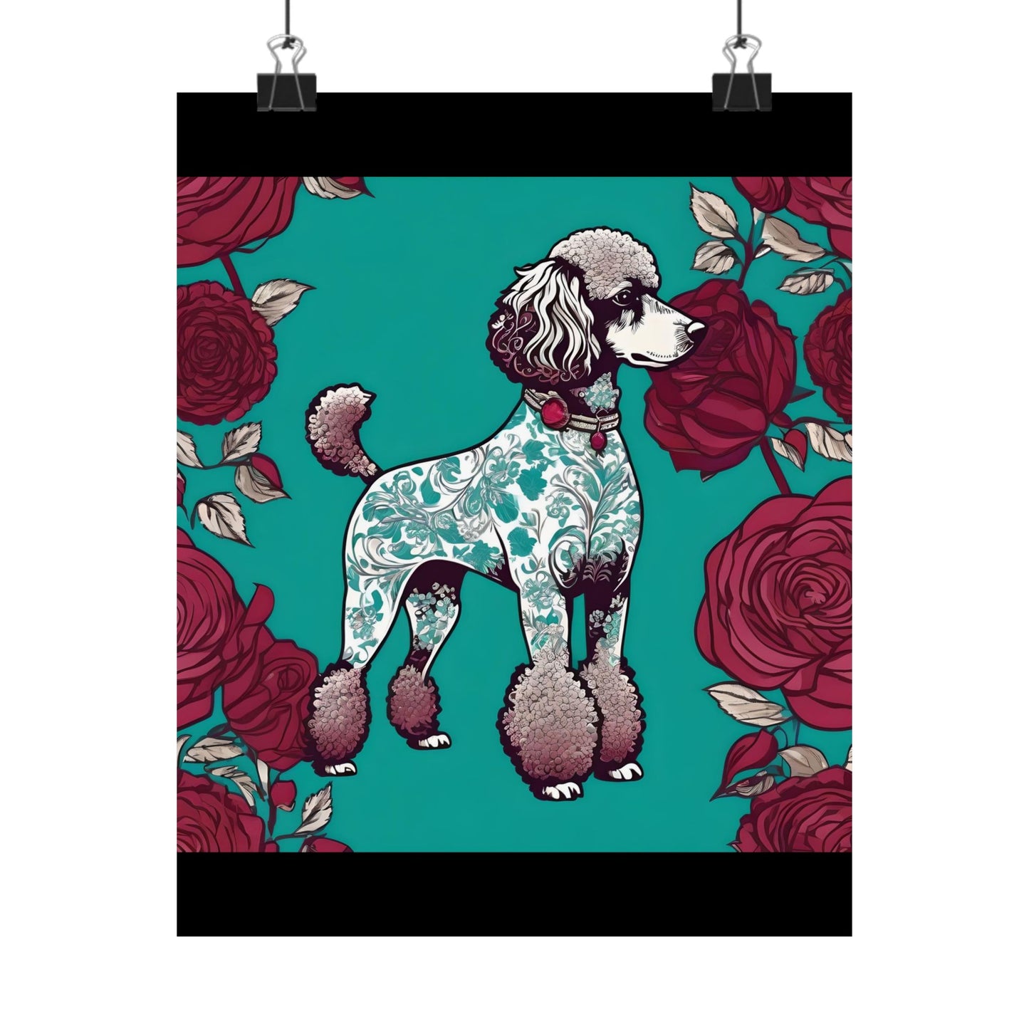 Vertical Poster - Elegant Matte Floral Art Wall Decor - Damask Aqua & White Poodle With Burgundy Roses