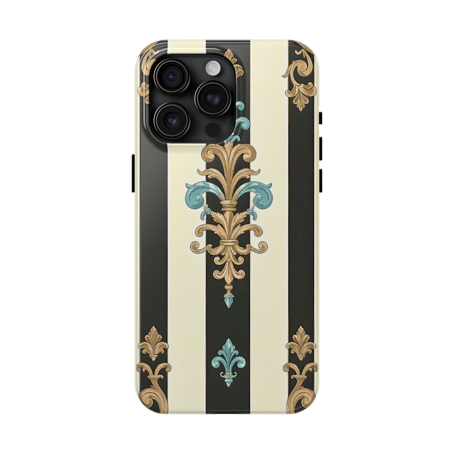 Elegant Vintage Tough Phone Cases, Stylish Phone Accessories, Quality Protection, Gifts for Her - Black Striped Turquoise & Black Rococo