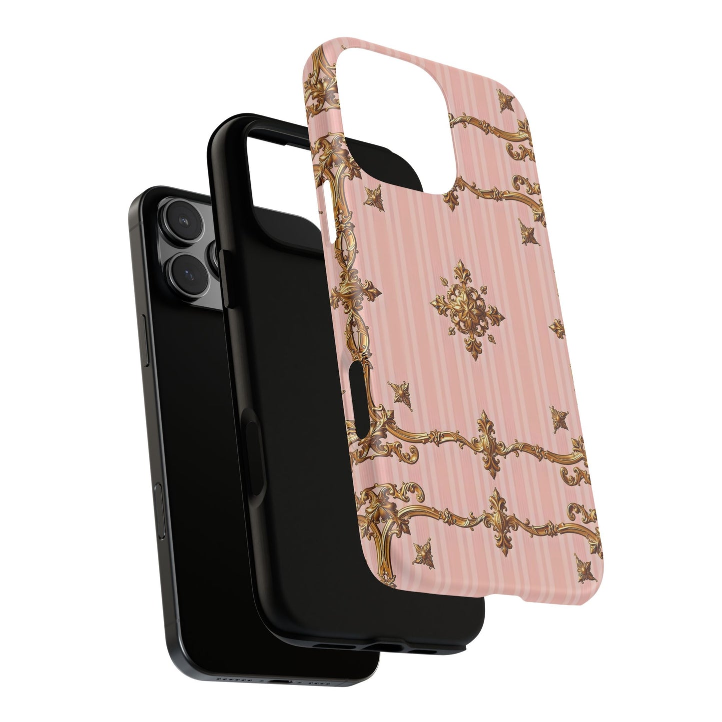 Elegant Floral Phone Case, Tough Cases for Women, Trendy Phone Cover, Chic Gift - Pink Striped Gold Baroque