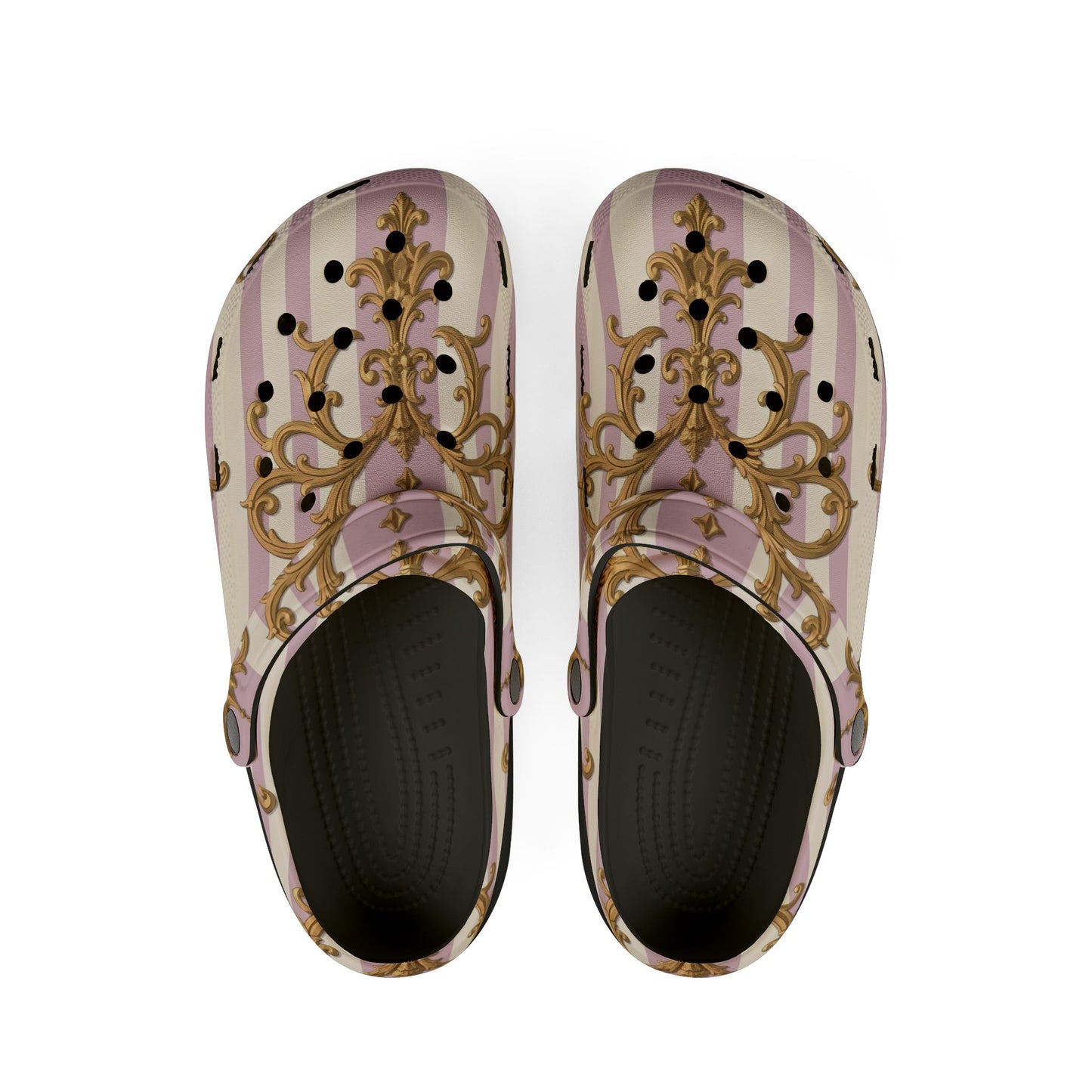 Chic Floral Clogs - Stylish EVA Foam Slip-On Shoes, Cute Garden Footwear, Comfortable Walkers - Lilac & Alabaster Striped Gold Baroque