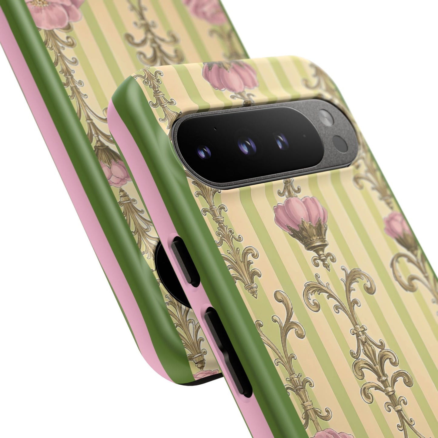 Elegant Floral Motif Phone Case - Tough Cases with Vintage Design - Lime Green & Pink Striped Damask