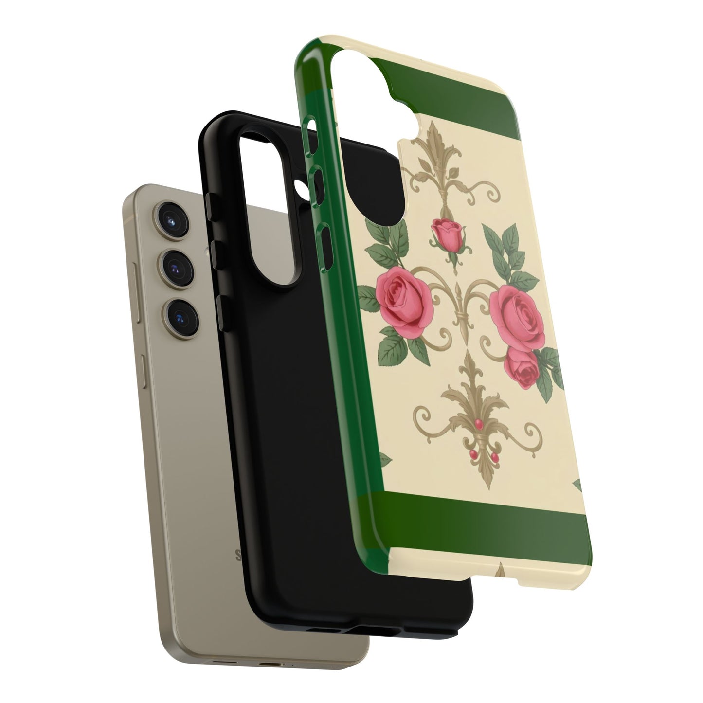 Elegant Floral Motif Phone Case - Tough Cases with Vintage Design - Green Border Roses & Damask
