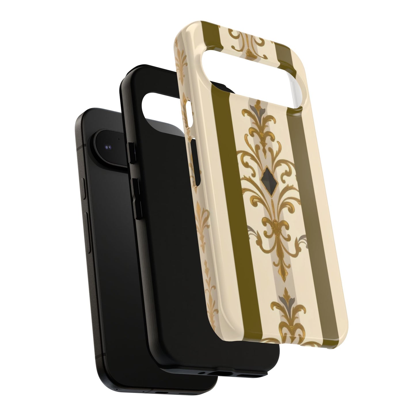 Elegant Floral Motif Phone Case - Tough Cases with Vintage Design - Olive Striped Gold Damask