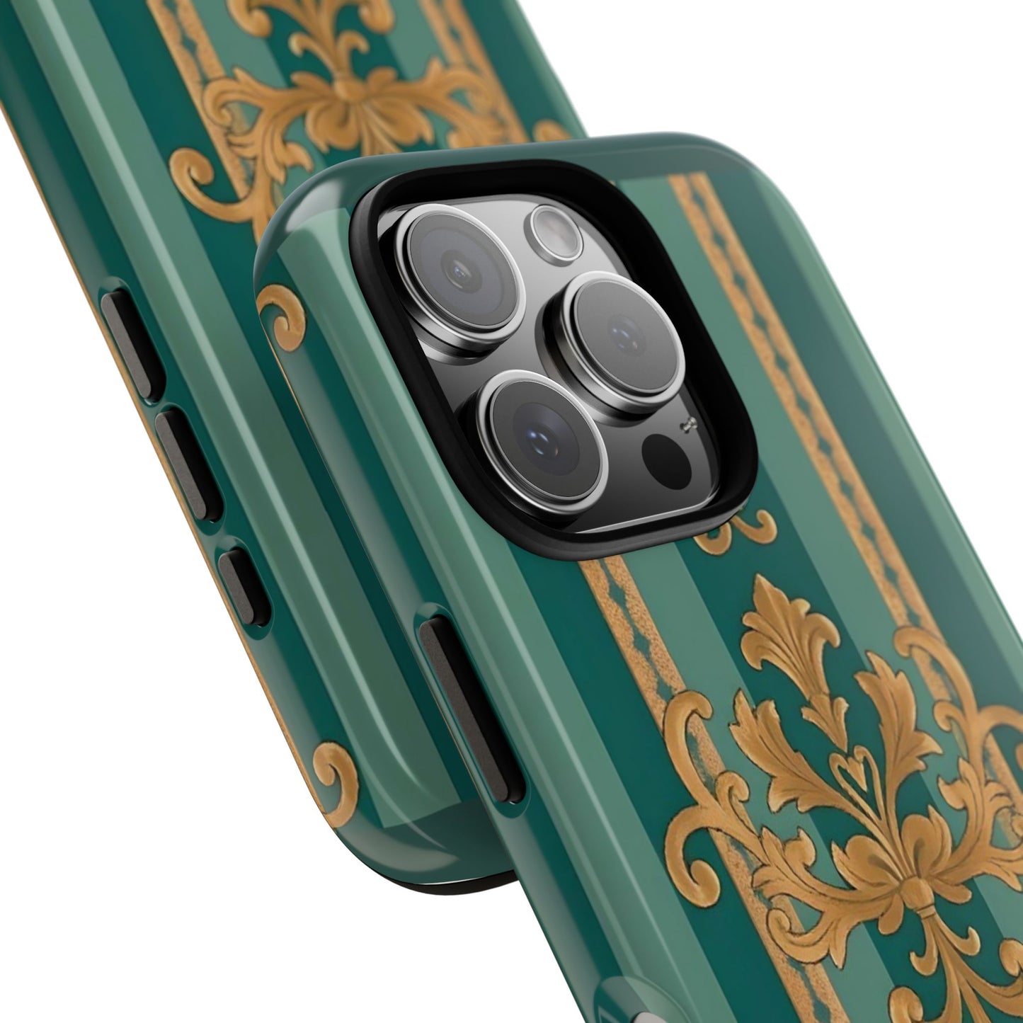 Elegant Floral Motif Phone Case - Tough Cases with Vintage Design - Teal Striped Gold Damask