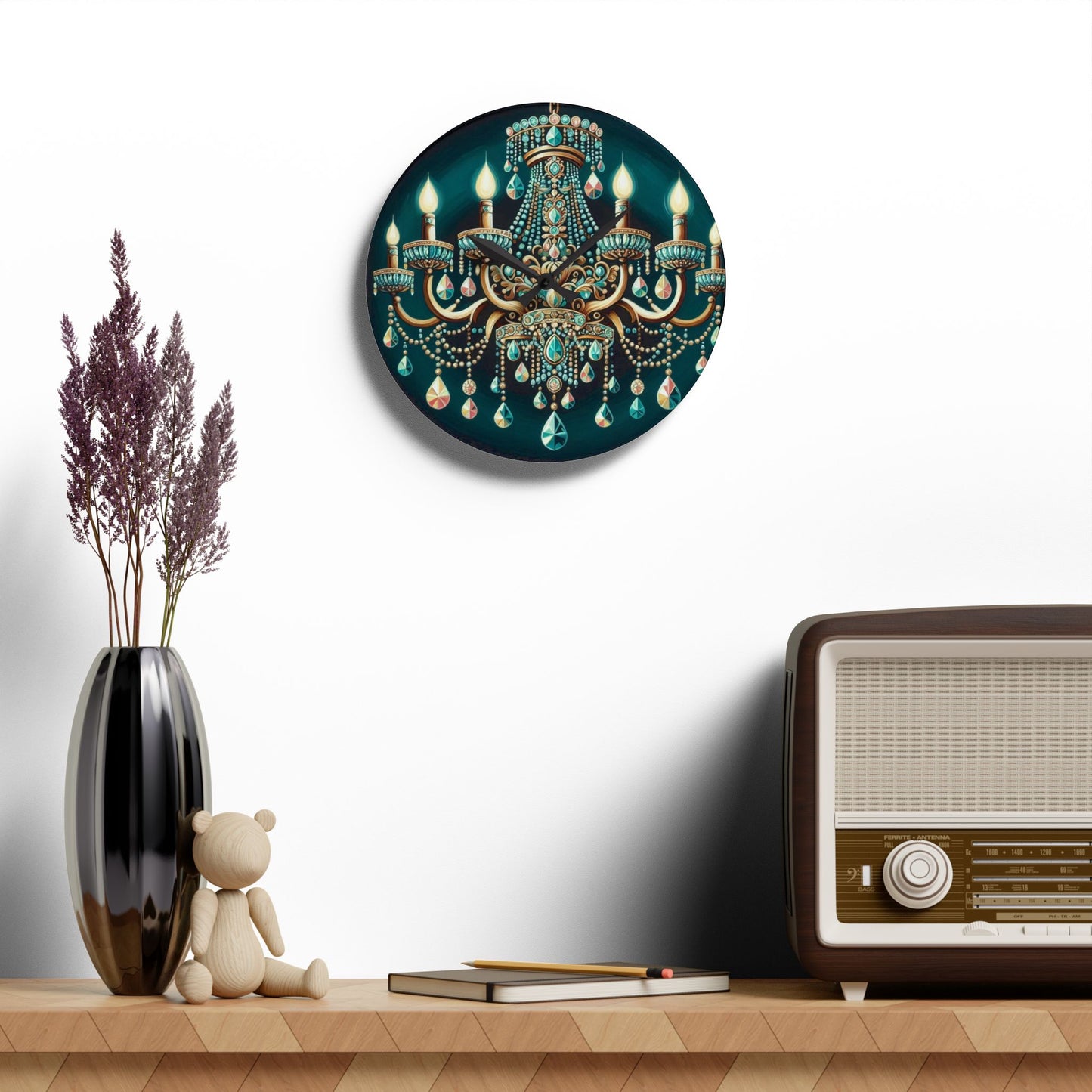 Acrylic Wall Clock - Teal Jeweled Chandelier