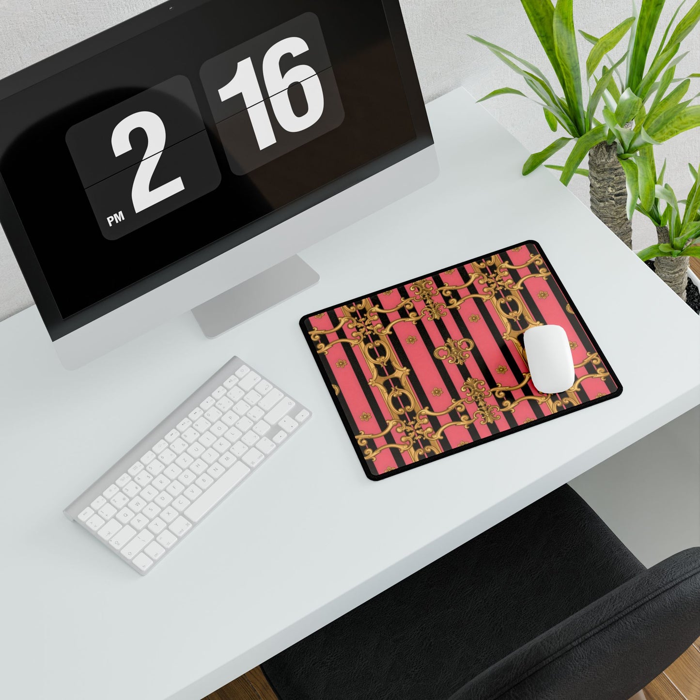 Elegant Pink & Black Desk Mat for Home Office, Stylish Ergonomic Mat, Desk Accessories - Pink & Black Striped Gold Baroque