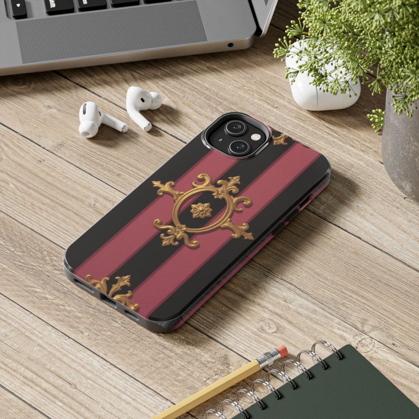 Elegant Black & Mauve Striped Gold Baroque Tough Phone Cases, Luxe Phone Covers, Fashionable Mobile Cases, Gift for Her, Holiday Phone Accessories