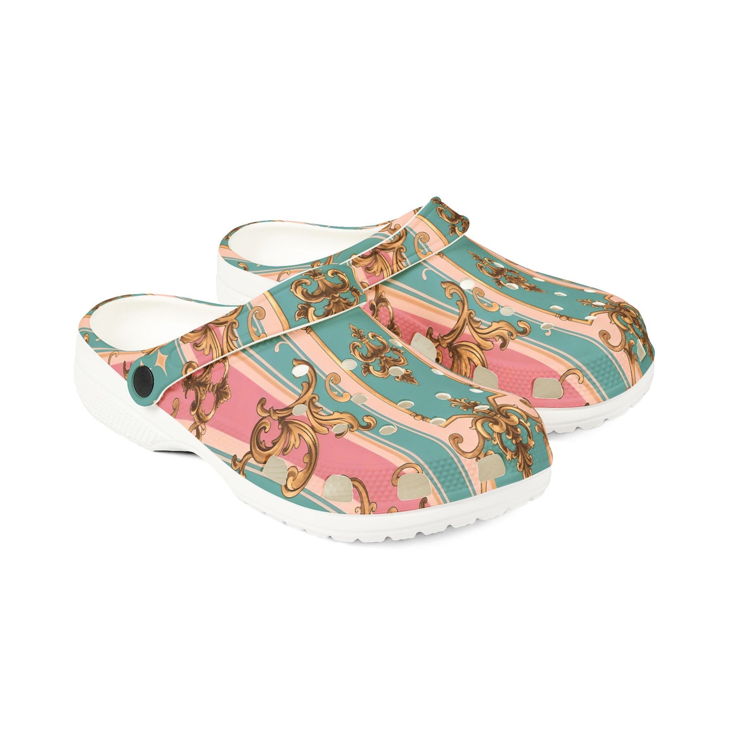 Fashionable AOP EVA Foam Rubber Shoes, Trendy Comfort Footwear, Perfect for Home - Pink & Matte Turquoise Striped Rococo