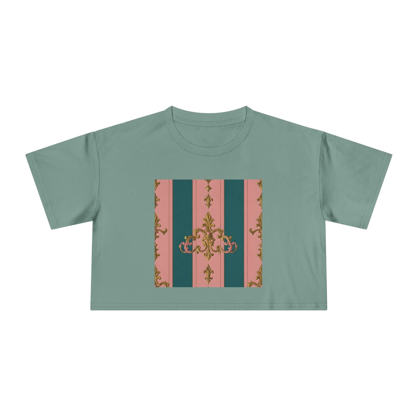 Baroque Vintage Women's Crop Tee, Casual Top, Summer Fashion, Trendy Shirt, Graphic T-Shirt, Gift for Her - Pink & Teal Striped Gold Baroque