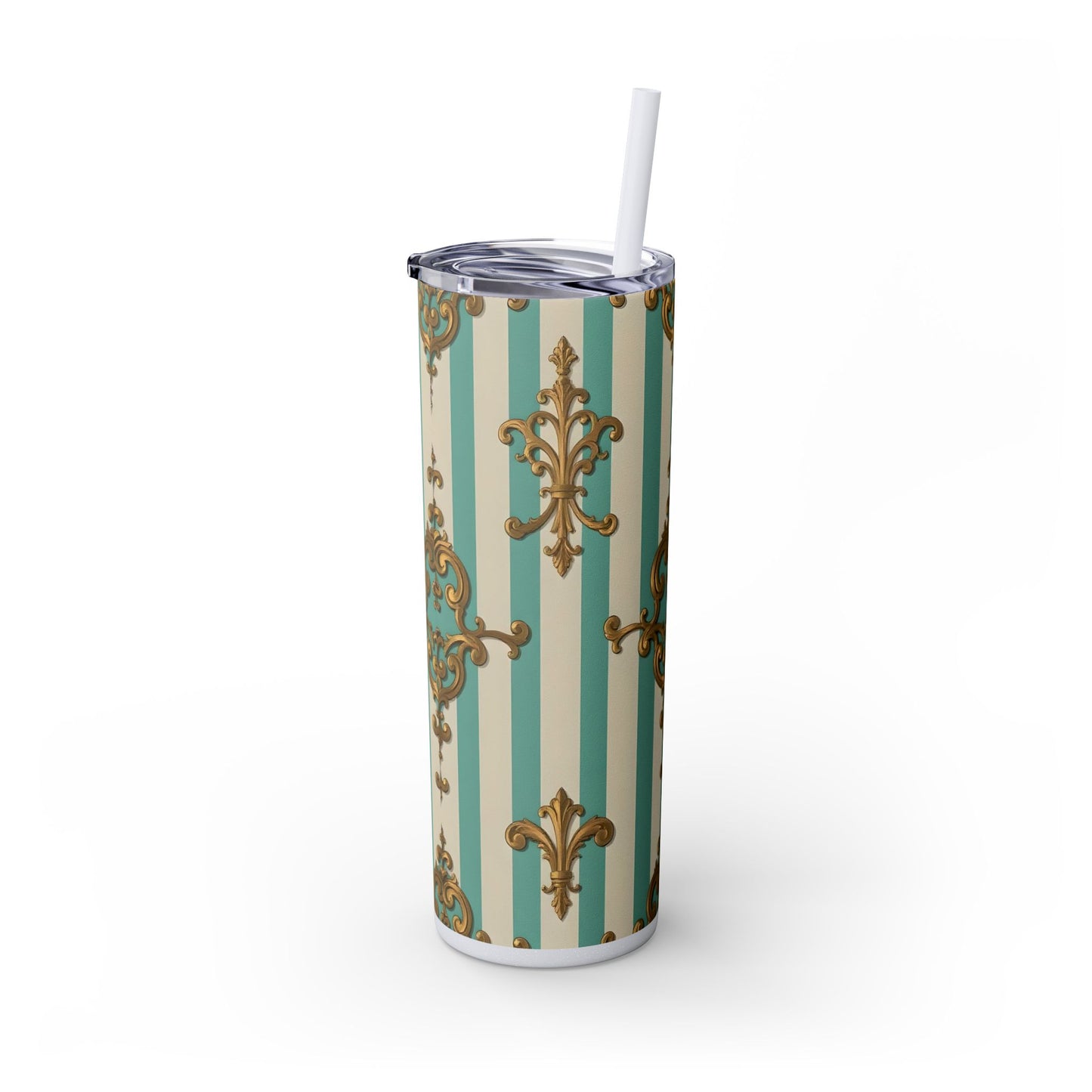 Elegant Vintage Skinny Tumbler with Straw, 20oz, Stylish Drinkware, Perfect Gift for Home, Coffee Lovers - Matte Green Striped Rococo