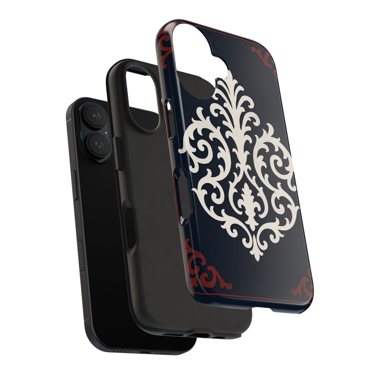 Dusk Blue-Maroon & White Baroque Tough Phone Case — Vintage Scroll Design